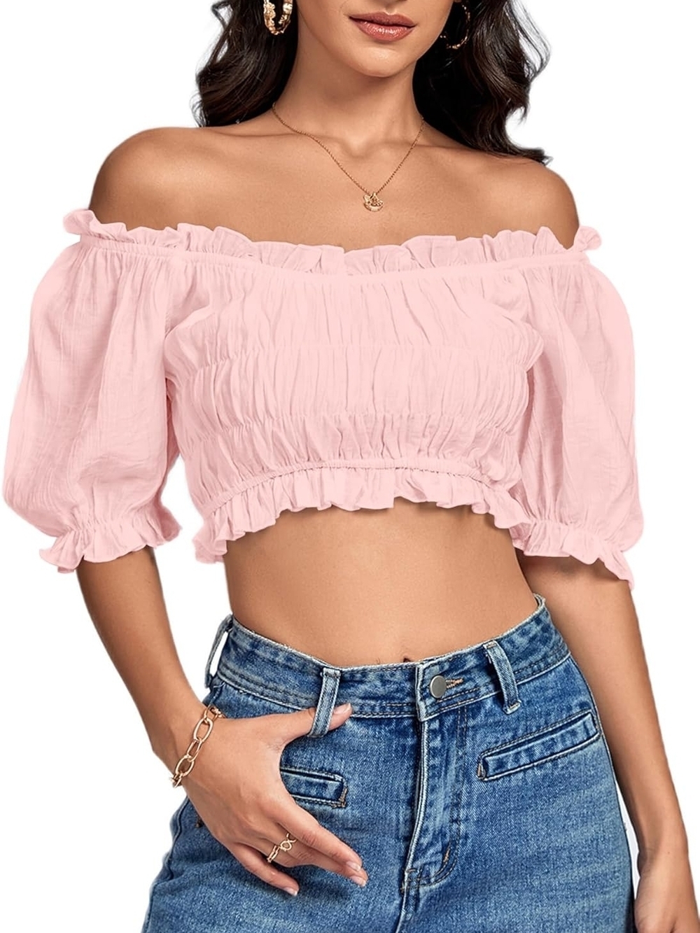 Smocked Off-Shoulder Pink Crop Top